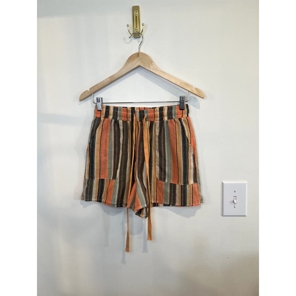 Boho Striped Drawstring Shorts Medium Orange Earth Tone Beachy Lounge Shorts